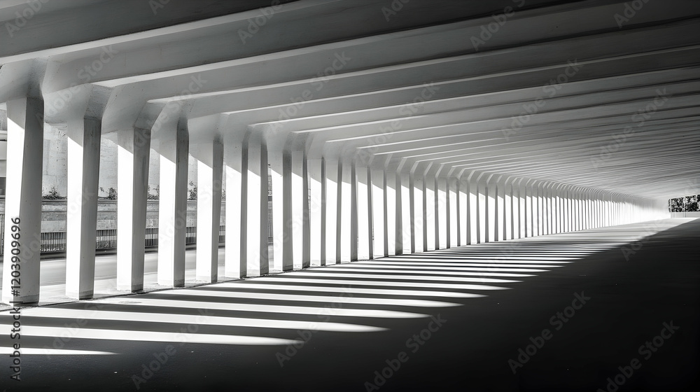 Poster monochromatic photograph showcasing a long, shadowed walkway under a modern concrete structure; arch