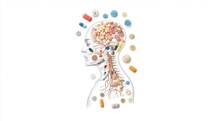 Silhouette of Human Head with Colorful Pills and Medical Elements Inside
