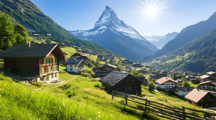 Sunny Swiss village with Matterhorn mountain view; idyllic alpine scenery, tourism postcard