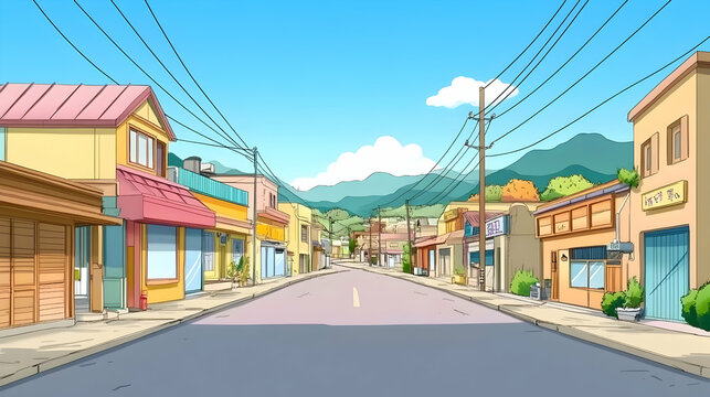 Sunny street scene, small town, mountain background, shops and houses, ideal for animation or game backgrounds