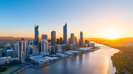 Sunrise over city skyline, river, and bridge; urban landscape at dawn; ideal for travel brochures