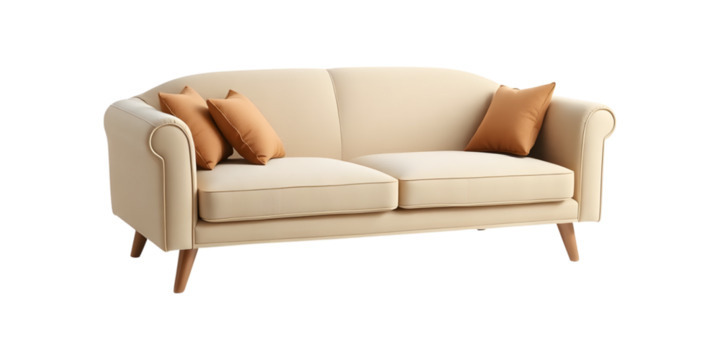 Elegant Sofa Comfort: A plush, light-colored sofa adorned with cushions exudes warmth and invites relaxation in a well-lit room, a perfect addition to any stylish home.