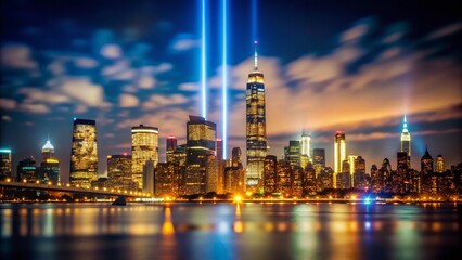 Obraz premium NYC Tribute Lights Bokeh, Commemorative Memorial Illumination, Night Photography