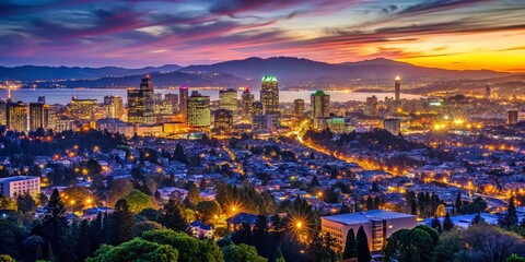 Fototapeta premium Oakland Skyline Night View with Berkeley Foreground - Dramatic Low Light Cityscape