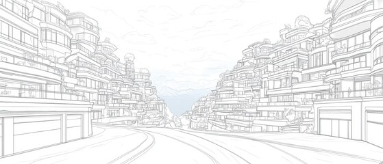 Fototapeta premium Architectural Sketch of Modern Buildings near Mountains