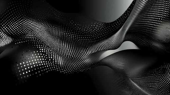 Abstract grayscale wave pattern of white dots on black background.  Ideal for tech, design, or modern presentations.