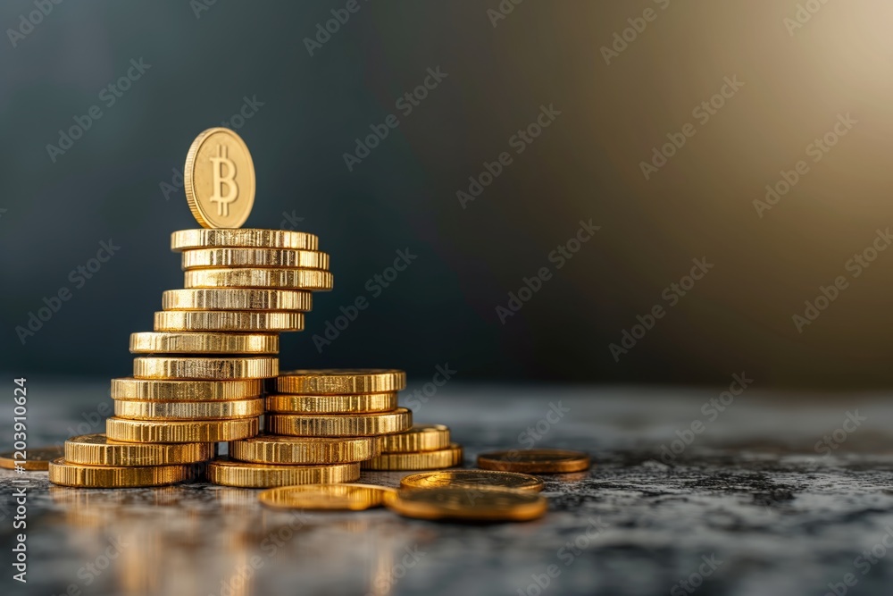 Poster stack of gold coins with bitcoin symbol on top highlighted in warm lighting