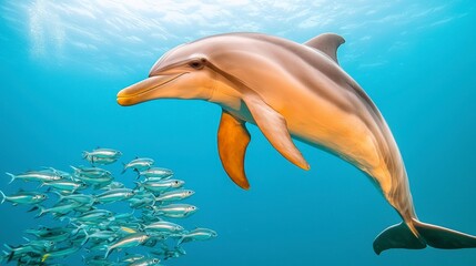 A playful dolphin swims gracefully among a school of fish in vibrant, clear blue water.