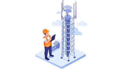 Technician inspecting cell tower, cloudy sky, network maintenance, tech illustration