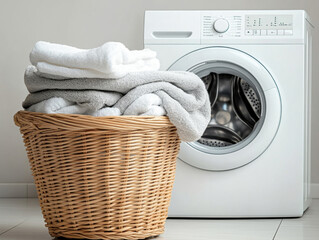 Laundry day involves a clean white washing machine and a wicker basket filled with neatly stacked towels in a bright, modern laundry room