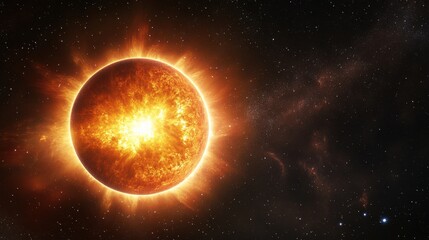 Obraz premium Bright star radiates energy in the vastness of space, showcasing solar flares and cosmic beauty during a stunning celestial event