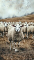 Obraz premium Flock of sheep grazing on a hillside in rural setting under overcast sky during midday