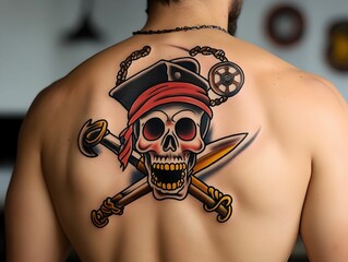 Naklejka premium A man has a tattoo of a skull with a pirate hat and a sword on his back