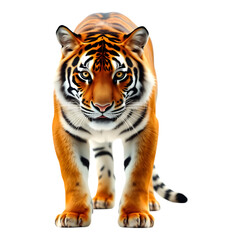 Fototapeta premium Majestic Tiger Portrait: A powerful and striking image of a Bengal tiger, facing the camera directly with intense gaze, showcasing its impressive stripes and muscular build.