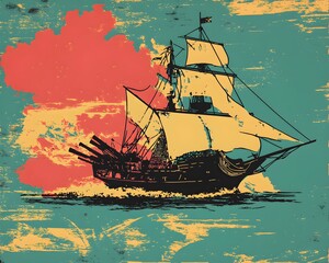A large ship sails through the ocean with a red and yellow sky in the background