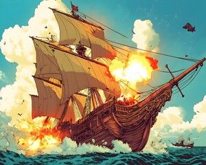 A large ship is being attacked by another ship