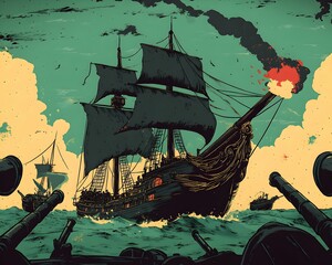 A black ship with a red fire on it is sailing in the ocean