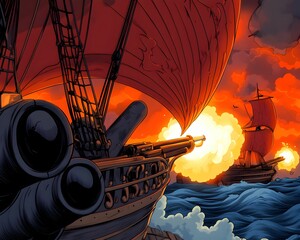 A painting of a battle between two ships with one of them being a pirate ship