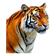 Obraz premium Tiger's Gaze: A majestic Bengal tiger, with piercing amber eyes and striking orange and black stripes, stares intently into the camera, showcasing the raw power and beauty of this endangered species.