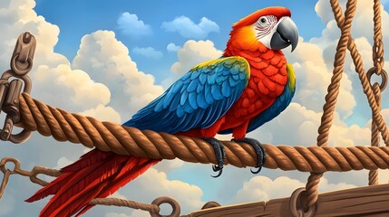 A colorful parrot is perched on a rope, looking out over the ocean