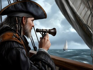 The scene is set on a stormy sea, with dark clouds looming overhead