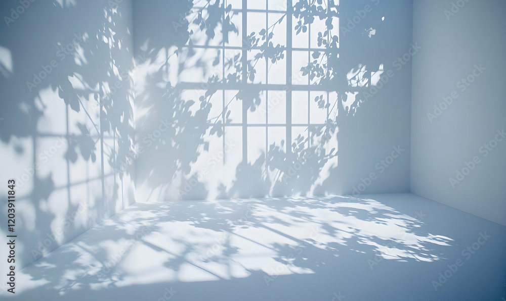 Poster serene room bathed in soft light, featuring leaf shadows projected from a window onto pristine walls
