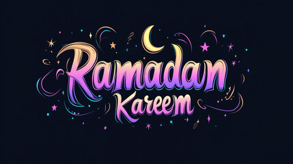 Vibrant "Ramadan Kareem" in bold lettering with gradient colors of purple and gold, surrounded by glowing crescent moons and stars on a deep black background.