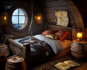 A bedroom with a wooden bed and a map on the wall