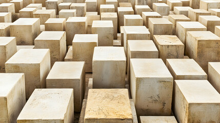Fototapeta premium Abstract geometric pattern of light beige concrete blocks, creating a textured and visually interesting background.