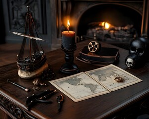 A table with a map, a candle, a skull, and a ship