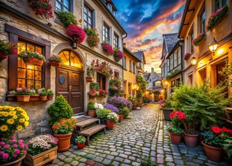 Fototapeta premium Old Town Cityscape Backgrounds: Vintage European Street Scenes for Product Photography