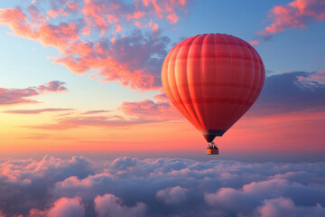 Fototapeta premium Red Hot Air Balloon Above Clouds at Sunrise
