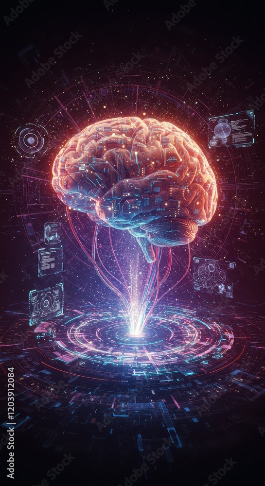 Poster digital brain with circuit, concept of artificial intelligence