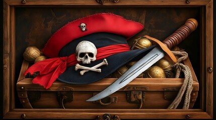 A pirate's treasure chest with a skull, a pirate hat, and a sword