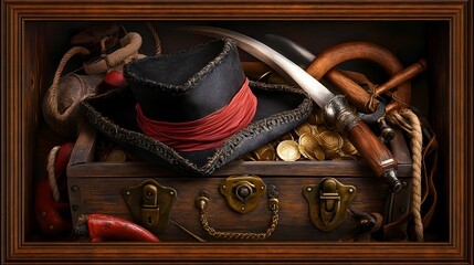 A wooden chest with a pirate hat and a sword inside