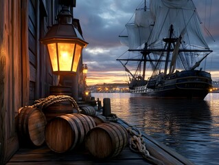 A large ship sails in the distance, with a small light on a dock