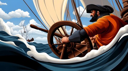 A man in an orange shirt is steering a ship in the ocean