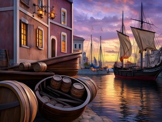A painting of a harbor with a large ship and several smaller boats
