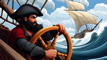 A man in a pirate costume is steering a ship through rough waters