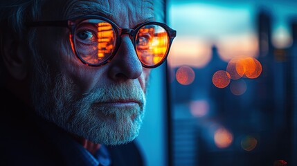 Elderly man gazes through large windows at a city skyline illuminated by soft evening lights while reflecting on memories of the past