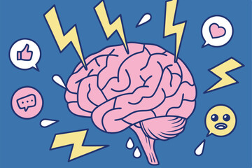 Brain illustration, social media icons, cursor arrows, emoji reactions, digital communication concept, pink brain, blue background, melting effect, lightning bolts, flat design, vecto