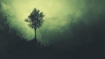 Fototapeta premium Isolated tree in a misty, dark forest.
