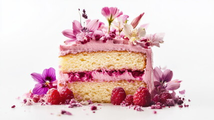 A fluffy vanilla sponge cake with pink frosting, adorned with raspberries and edible flowers, delicate icing patterns on the sides