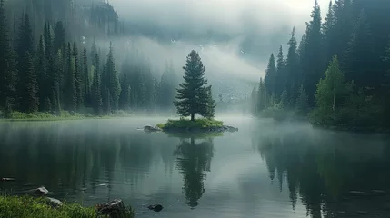 Mountain lake surrounded by pine trees, mist hovering above the water, tranquil and secluded.