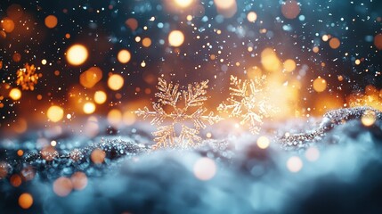 Fototapeta premium A delicate pattern of glowing snowflakes intricately arranged in radiant clusters. The shimmering design contrasts beautifully against a midnight blue background, evoking a serene winter night. 