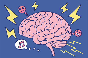 Brain illustration, social media icons, cursor arrows, emoji reactions, digital communication concept, pink brain, blue background, melting effect, lightning bolts, flat design, vecto