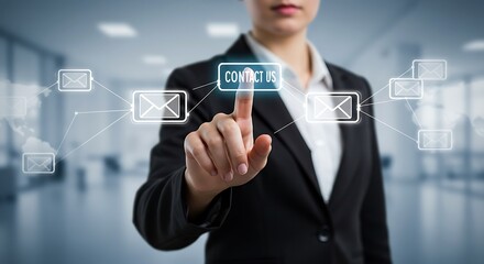 Contact us concept, Business woman hand pointing icon email and customer service call center.