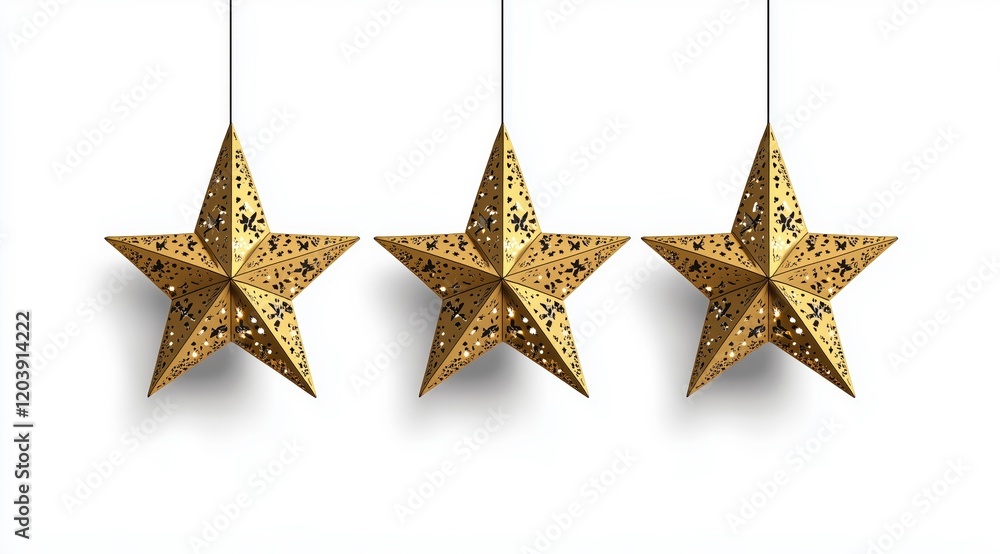 Poster three golden stars: three shimmering golden stars, each with intricate details and a soft glow, hang