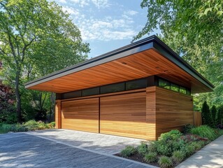 Modern Garage with Canopy:  A sleek, contemporary garage features a striking wooden facade with a cantilevered canopy, showcasing modern design elements and architectural ingenuity.
