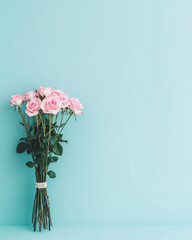 Pink roses bouquet against pastel blue background, creating serene and elegant vibe